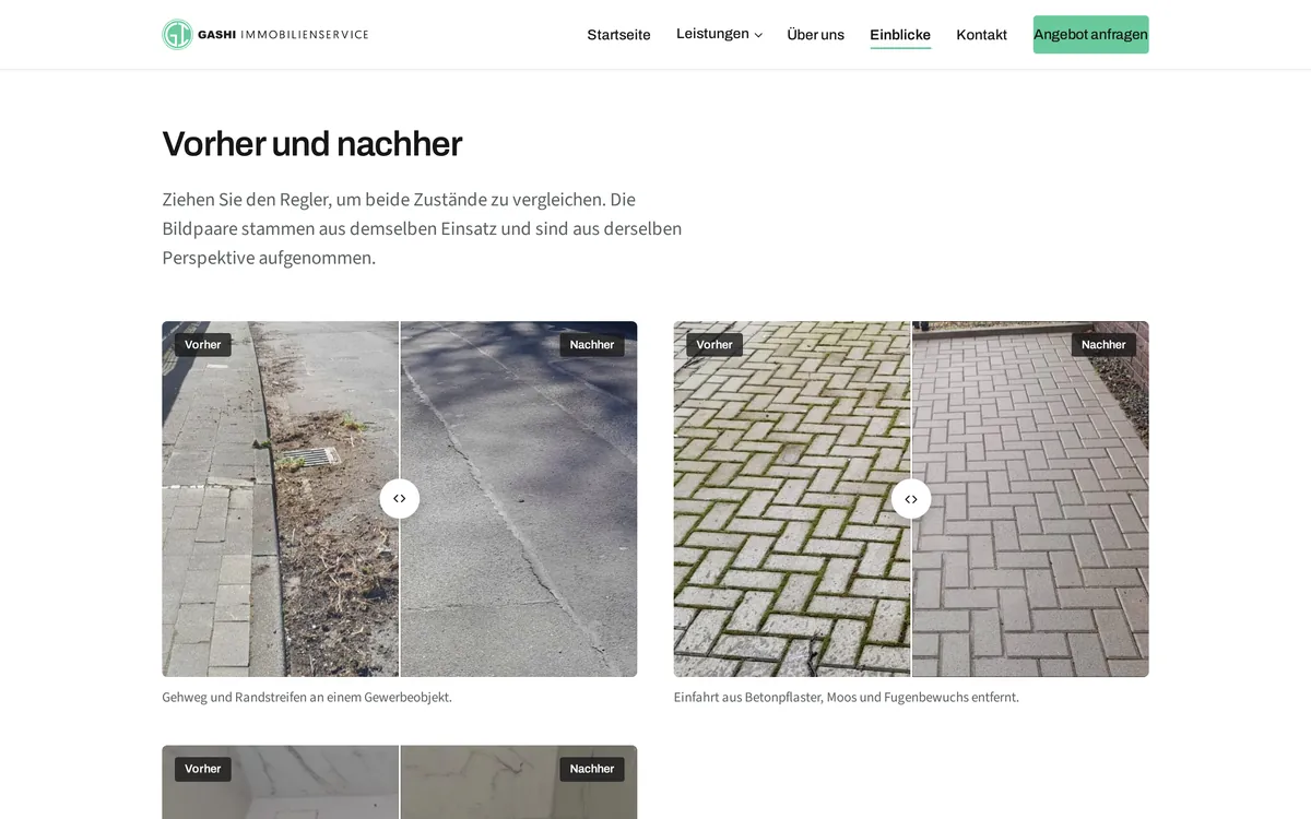 Seite Einblicke: zwei Vorher-Nachher-Vergleiche mit Regler – ein Gehweg und eine Pflasterfläche vor und nach der Reinigung