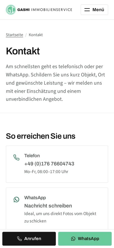 Kontaktseite auf dem Smartphone mit Telefon, WhatsApp und weiteren Kontaktwegen