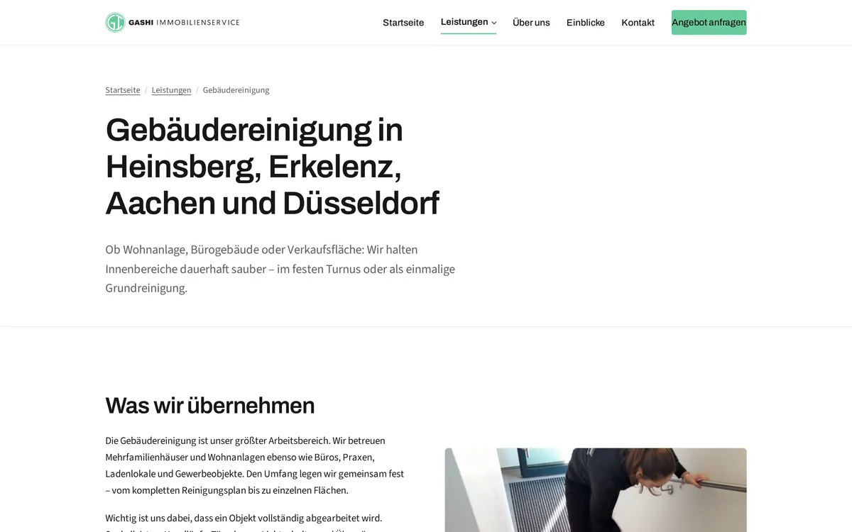 Leistungsseite Gebäudereinigung: Pfadnavigation und Überschrift mit Leistung und Einsatzorten Heinsberg, Erkelenz, Aachen und Düsseldorf